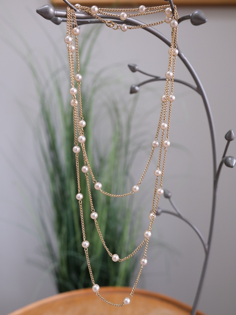 Long Faux Pearl Station Layering Necklace 60”